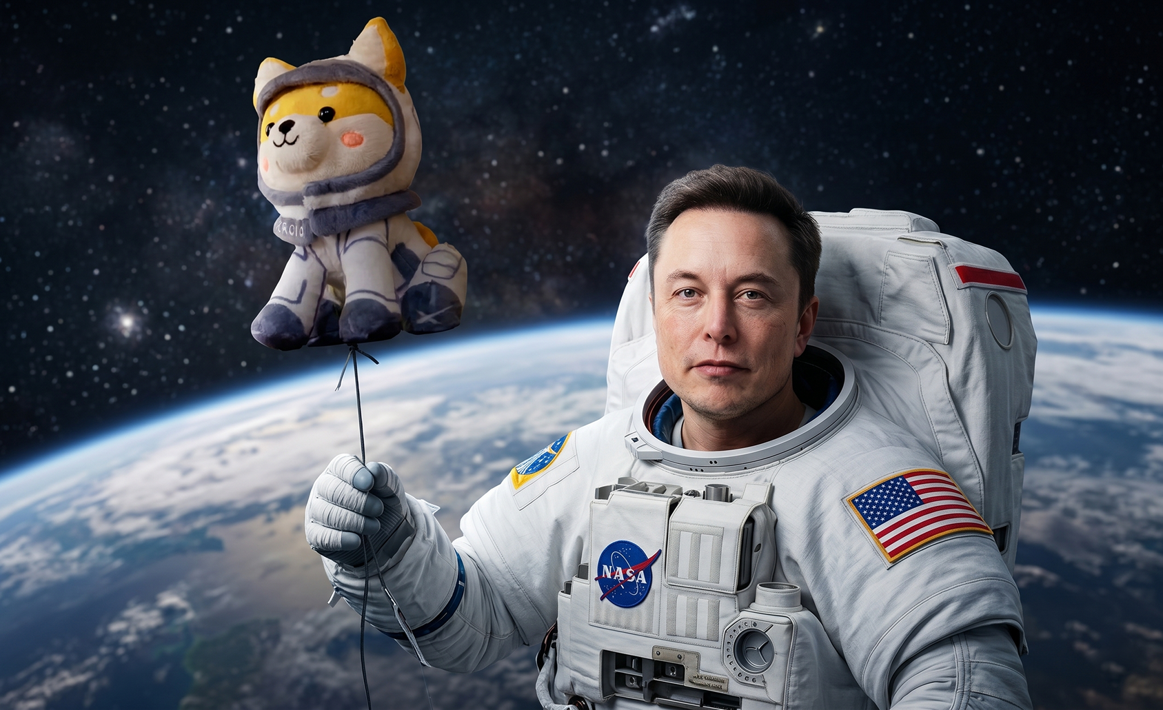 ELONAUT - Astronaut holding Shiba plush in space